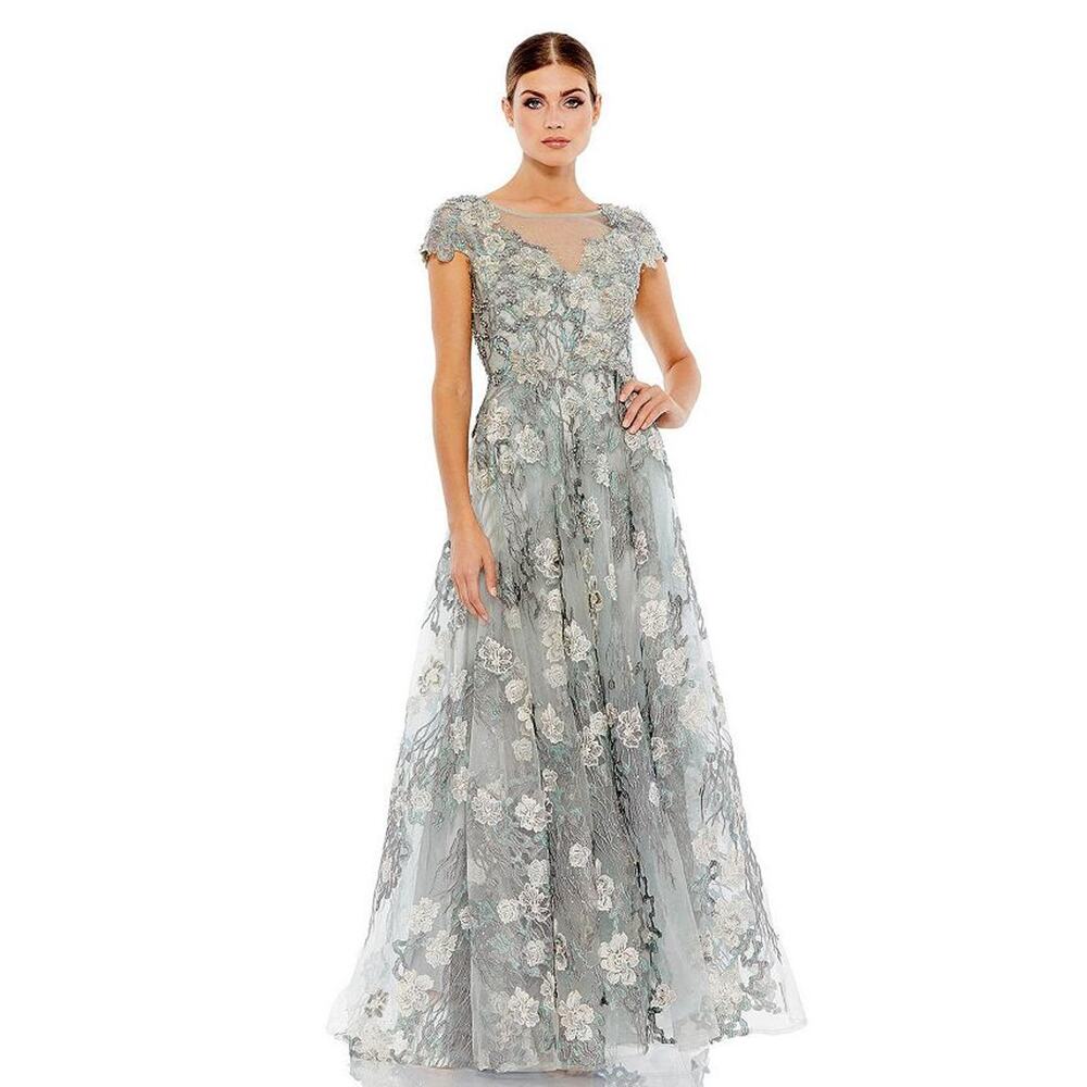 Mac Duggal NWT Seamist Green / Gray Floral Embroidered Maxi Gown 20294 - Picture 4 of 16